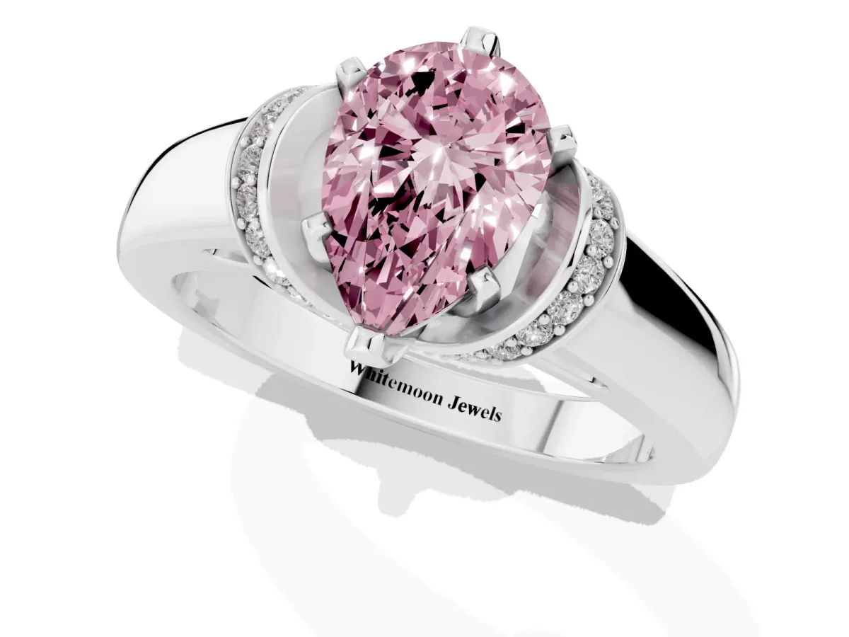 Fancy Pink Pear Cut Solitaire Diamond Ring with Pave Band and Six-Prong Setting Silver