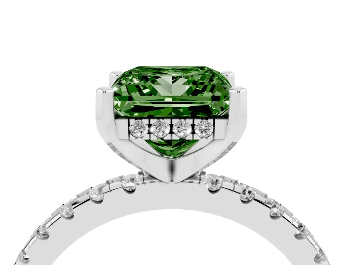 Fancy Green Princess Cut Diamond Solitaire Ring with Round Pavé Band and Four-Prong Setting Silver