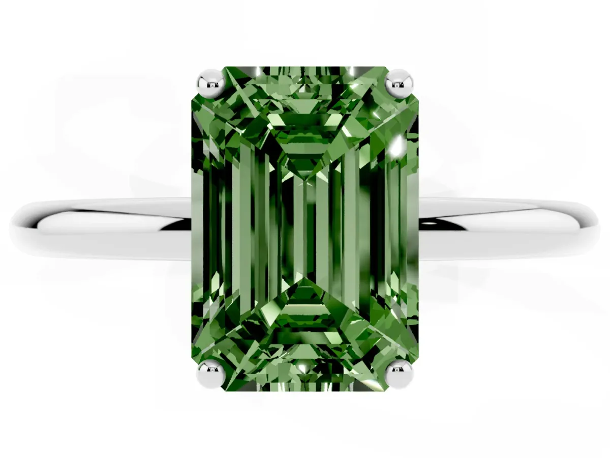Fancy Green Emerald Cut Solitaire Diamond Ring with a Classic Band and Four-Prong Setting Silver