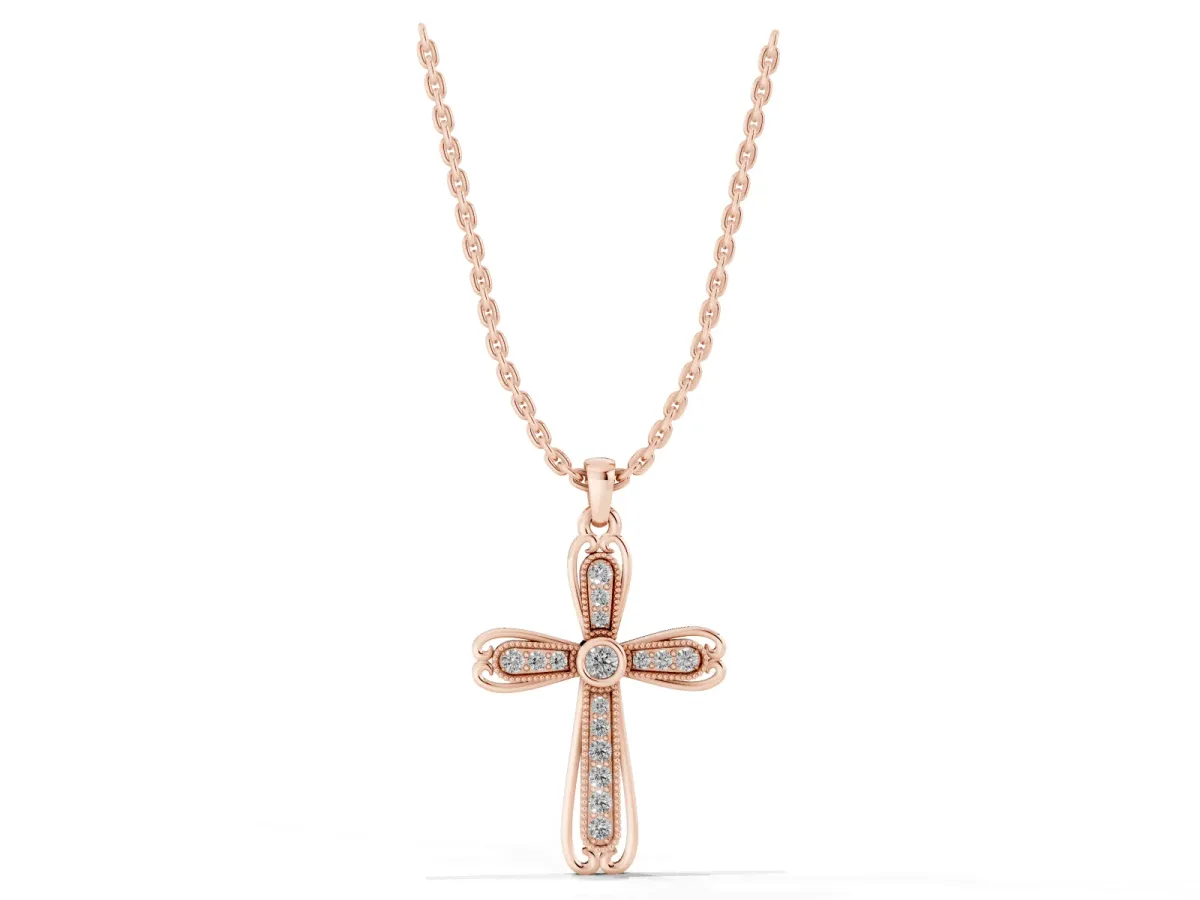 Pavé Round Diamond Cross Pendant with Bezel Setting Rose gold