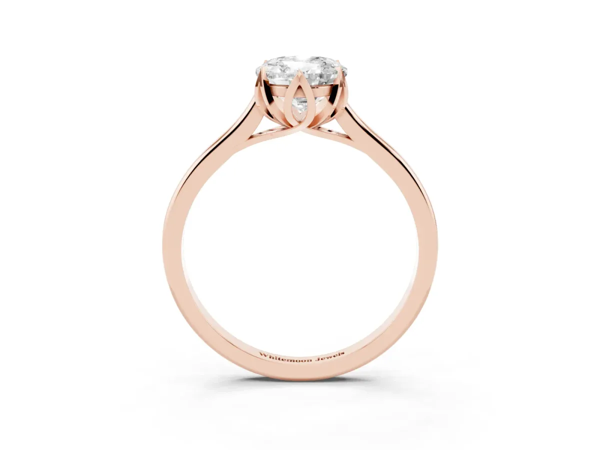 Oval Cut Diamond Solitaire Ring with Flower Prong Setting and Classic Band Rose gold