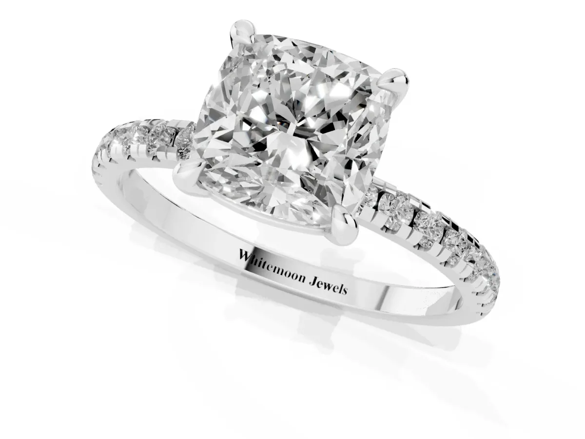 Cushion Cut Diamond Brilliant Solitaire Ring with Pavé Band and Four-Prong Setting Platinum