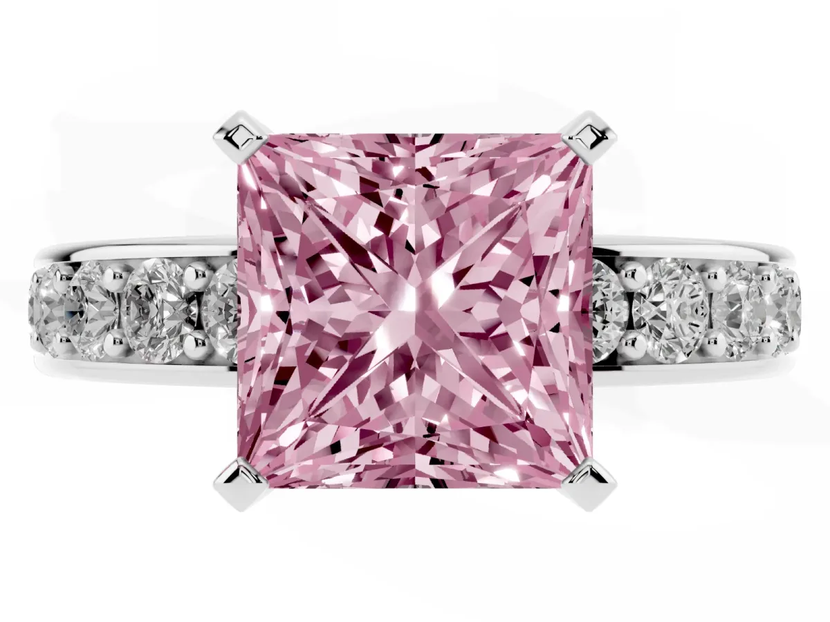 Fancy Pink Princess Cut Diamond Engagement Ring with Channel Set Round Band and Prong Setting Silver