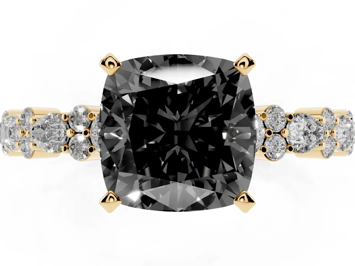 Fancy Black Cushion Cut Diamond Side Stone Solitaire Ring with Round and Four-Prong Setting Yellow gold