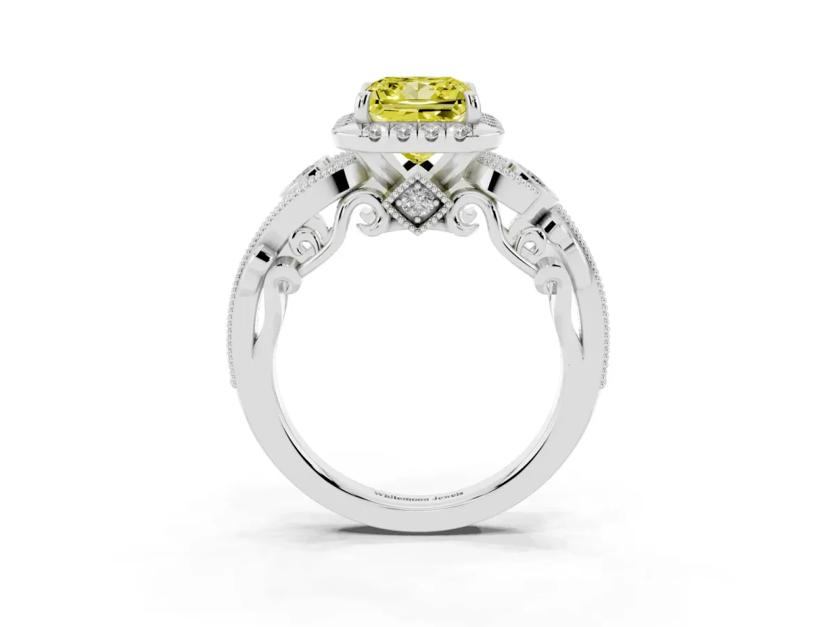 Fancy Yellow Princess Cut Diamond Halo Ring with Milgrain Pavé Band and Four-Prong Setting Silver