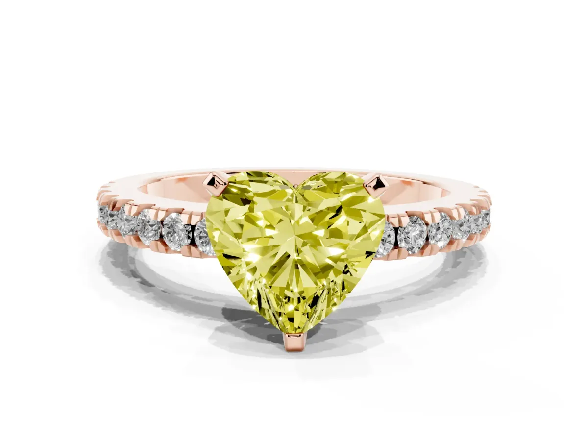 Fancy Yellow Heart Cut Solitaire Diamond with Pavé Band and Four-Prong Setting Rose gold