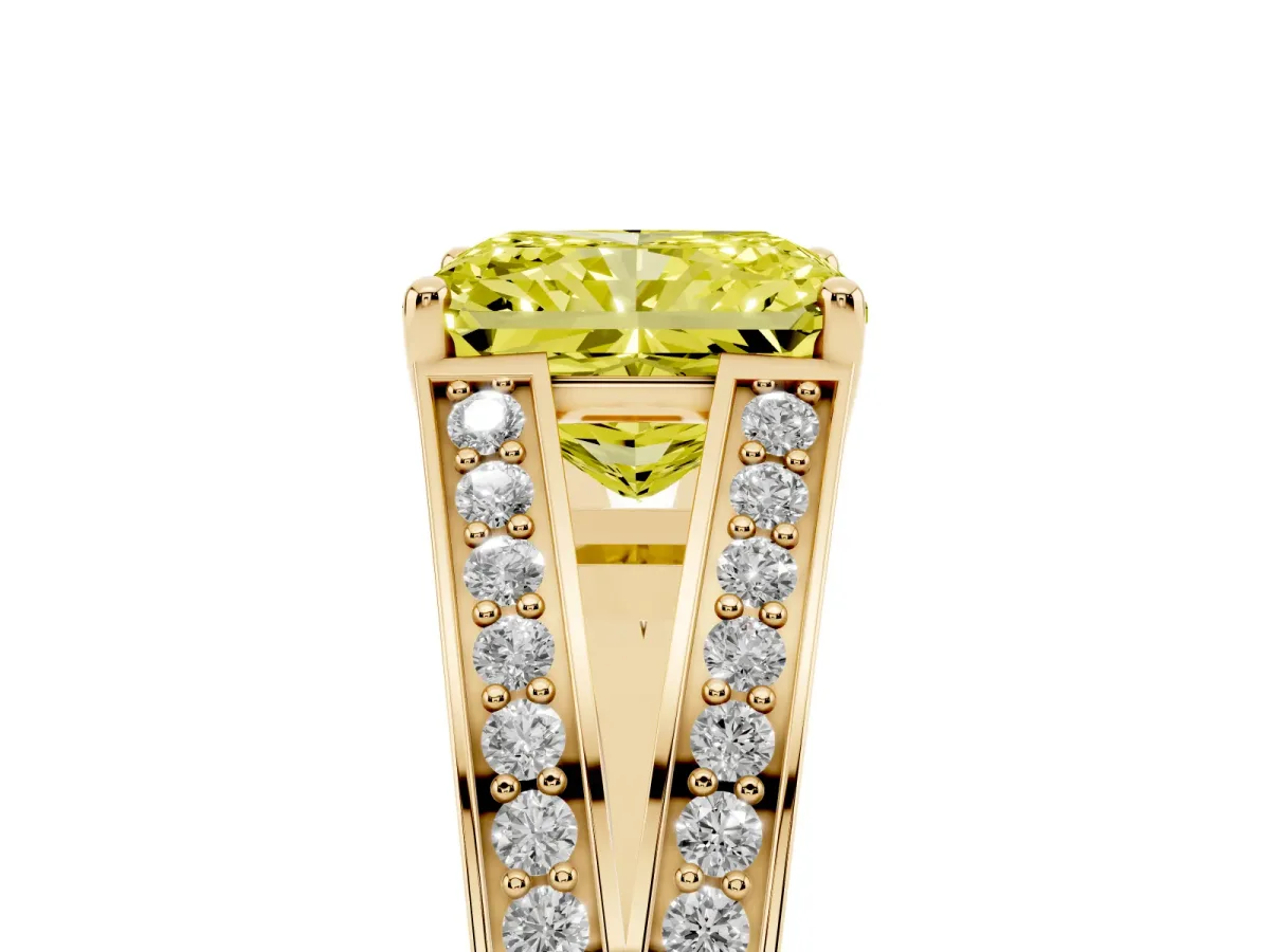 Fancy Yellow Radiant Cut Diamond Split Shank Ring with Pavé Band and Four-Prong Setting Yellow gold