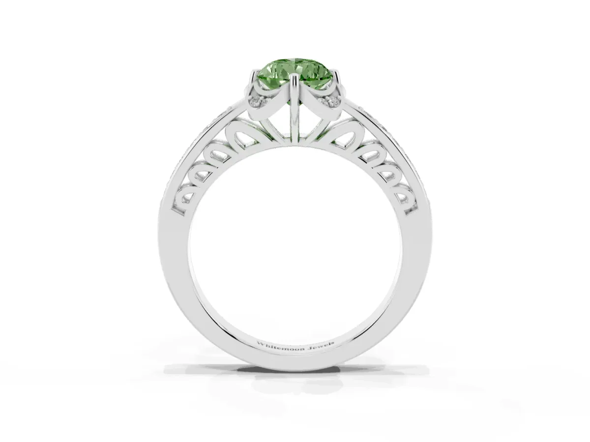 Fancy Green Pear Cut Cut Halo Diamond Ring with Channel Set Band and Four-Prong Setting Platinum
