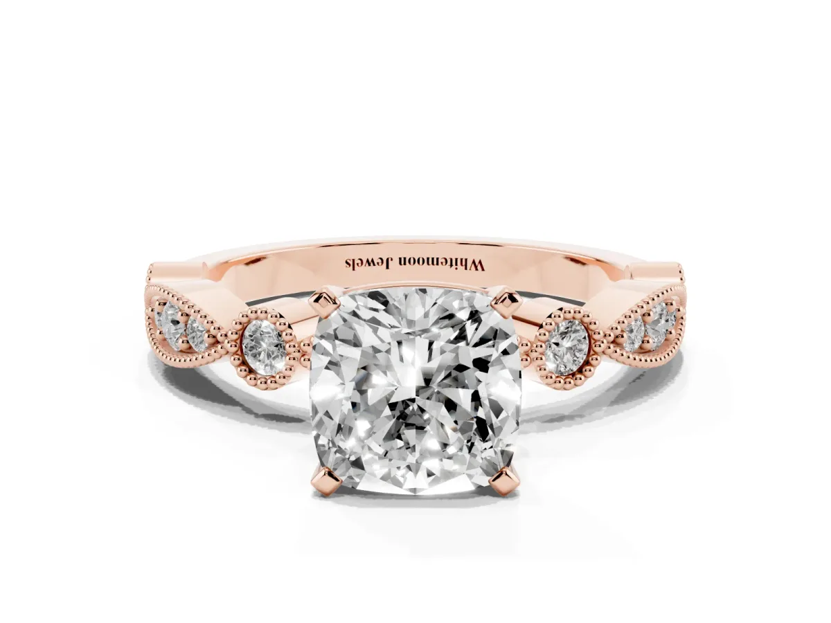 Cushion Cut Milgrain Bezel Diamond Engagement Ring with Solitaire Prong Setting Rose gold