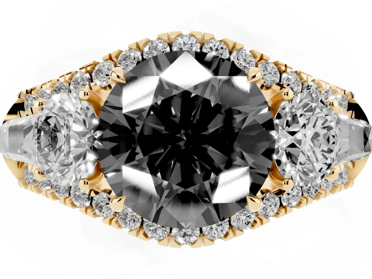 Fancy Black Three-Stone Round Cut Diamond Engagement Ring with Pave Band and Prong Setting Yellow gold