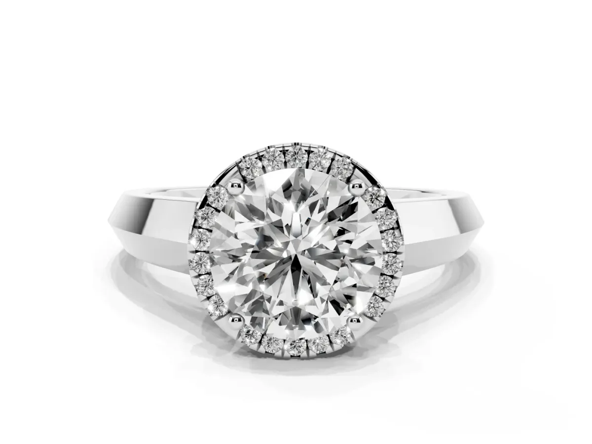 Round Cut Halo Diamond Ring with Cathedral Band and Four-Prong Setting White gold
