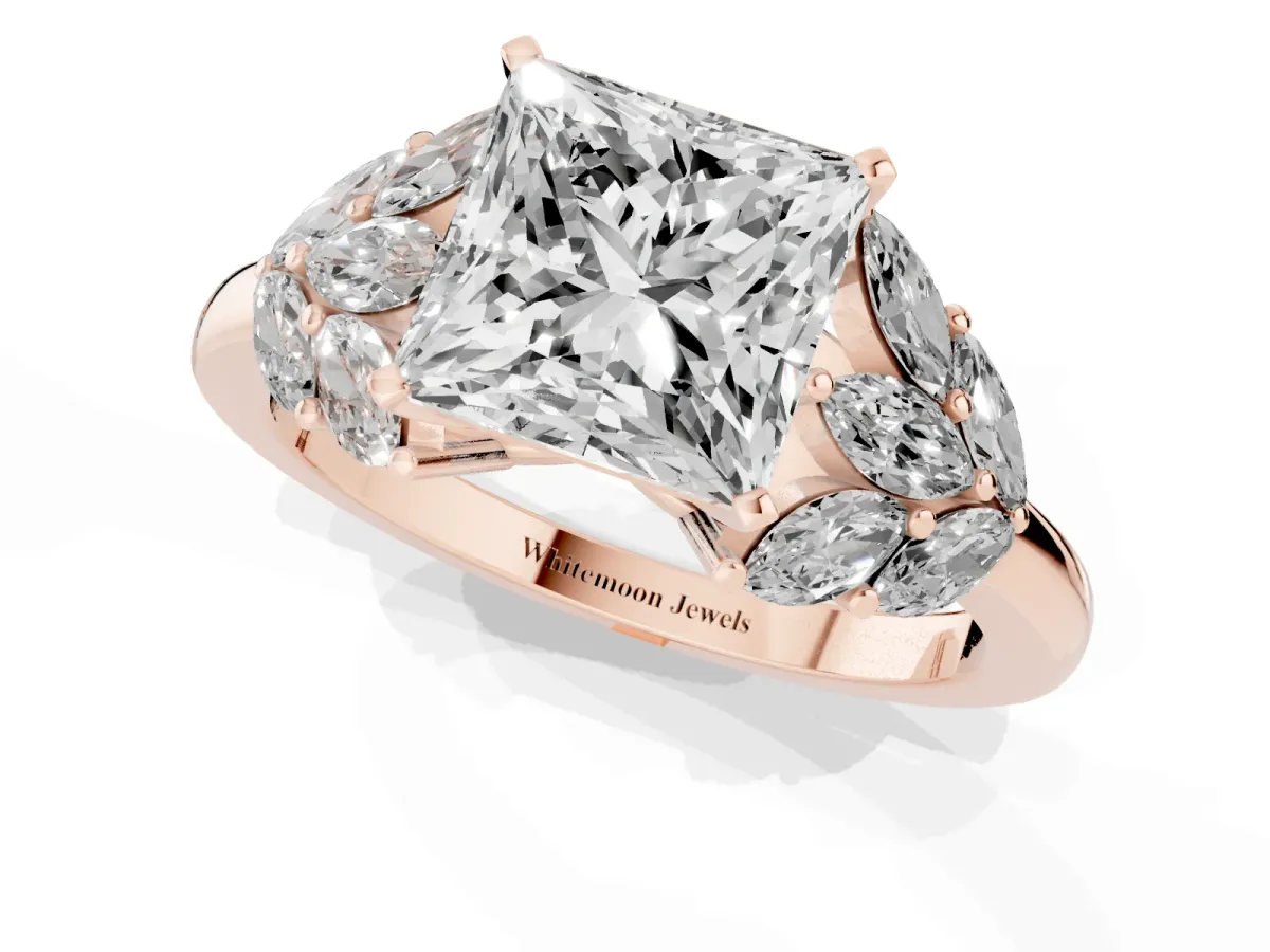 Princess Cut Diamond Cluster Leaf Design Ring with Prong Setting Rose gold
