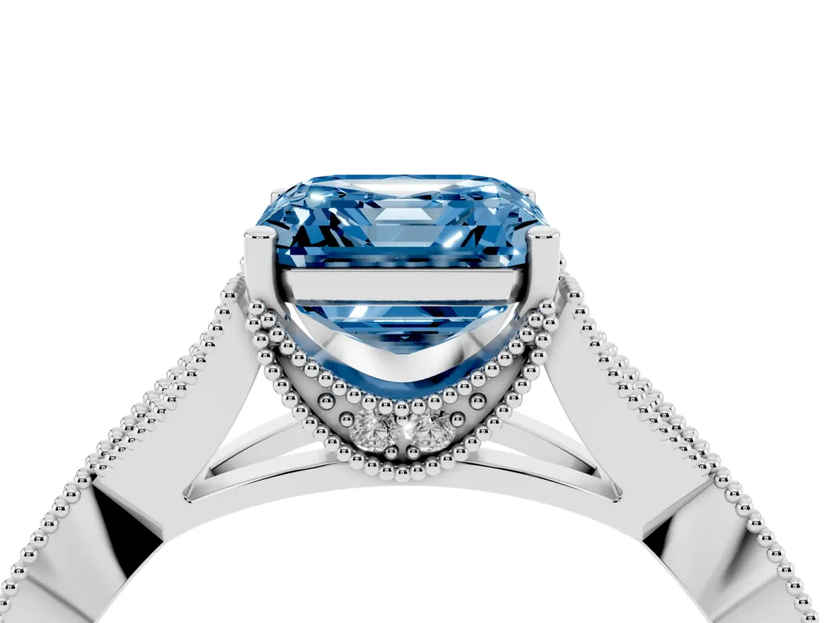 Fancy Blue Asscher Cut Cut Diamond Twisted Band with Milgrain Pave Setting and Four-Prong Setting Silver