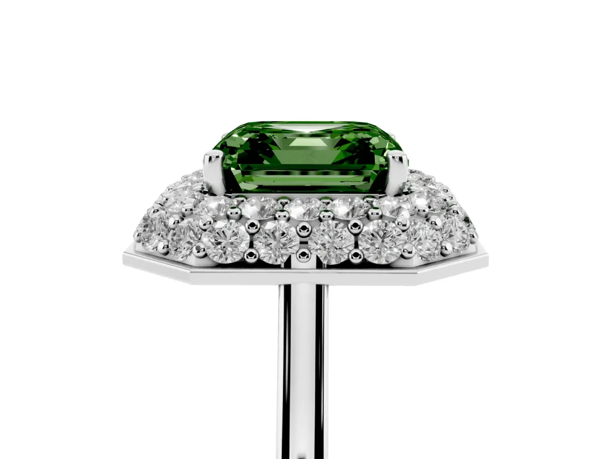 Fancy Green Asscher Cut Halo Diamond Engagement Ring with Solitaire Band and Four-Prong Setting Silver