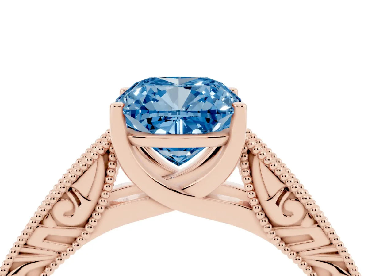 Fancy Blue Cushion Cut Diamond Solitaire Ring with Engraved Band and Four-Prong Setting Rose gold