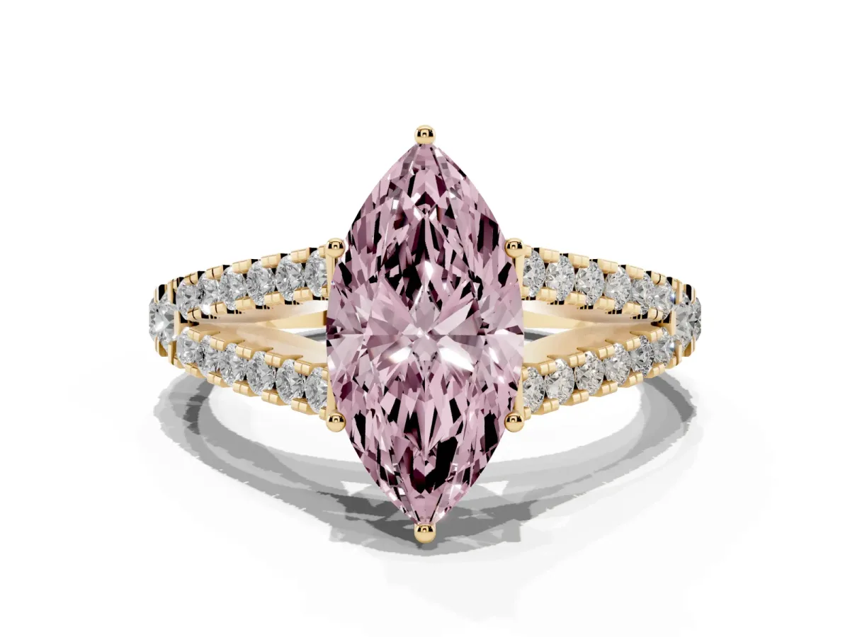 Fancy Pink Marquise Cut Diamond Split Shank Engagement Ring with Round Pavé and Prong Setting Yellow gold