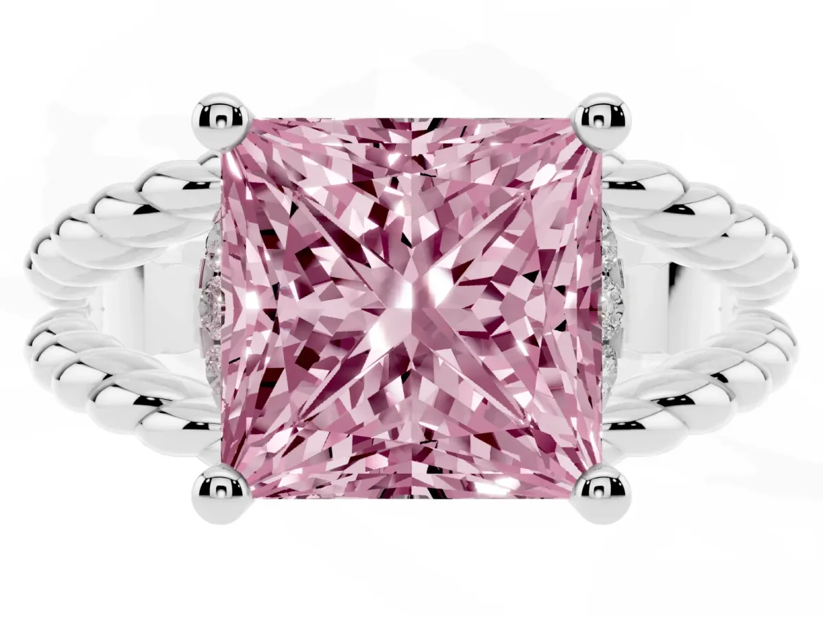 Fancy Pink Princess Cut Halo Twisted Band Four-Prong Ring Silver