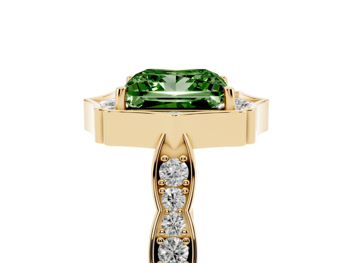 Fancy Green Princess Cut Halo Diamond Engagement Ring with Milgrain Band and Four-Prong Setting Yellow gold