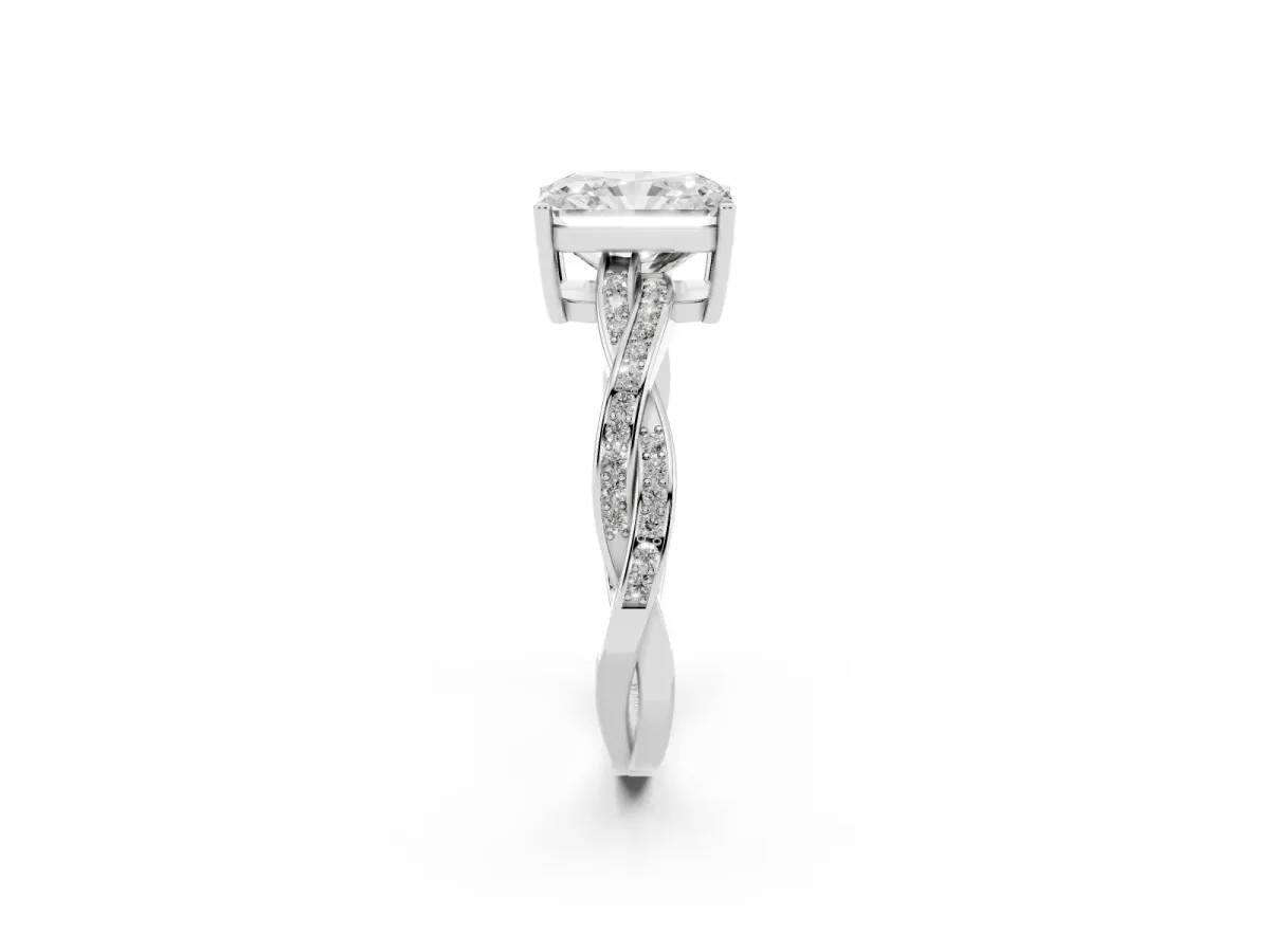 Radiant Cut Solitaire Twisted Pave Diamond Ring with Four-Prong Setting White gold