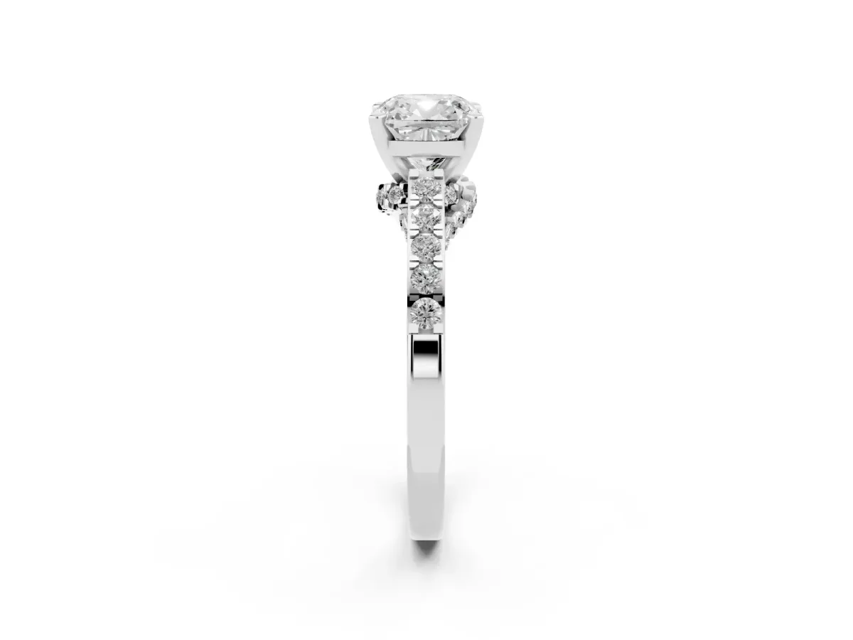 Cushion Cut Diamond Solitaire Ring with Crossover Gallery and Round Pavé Band Silver