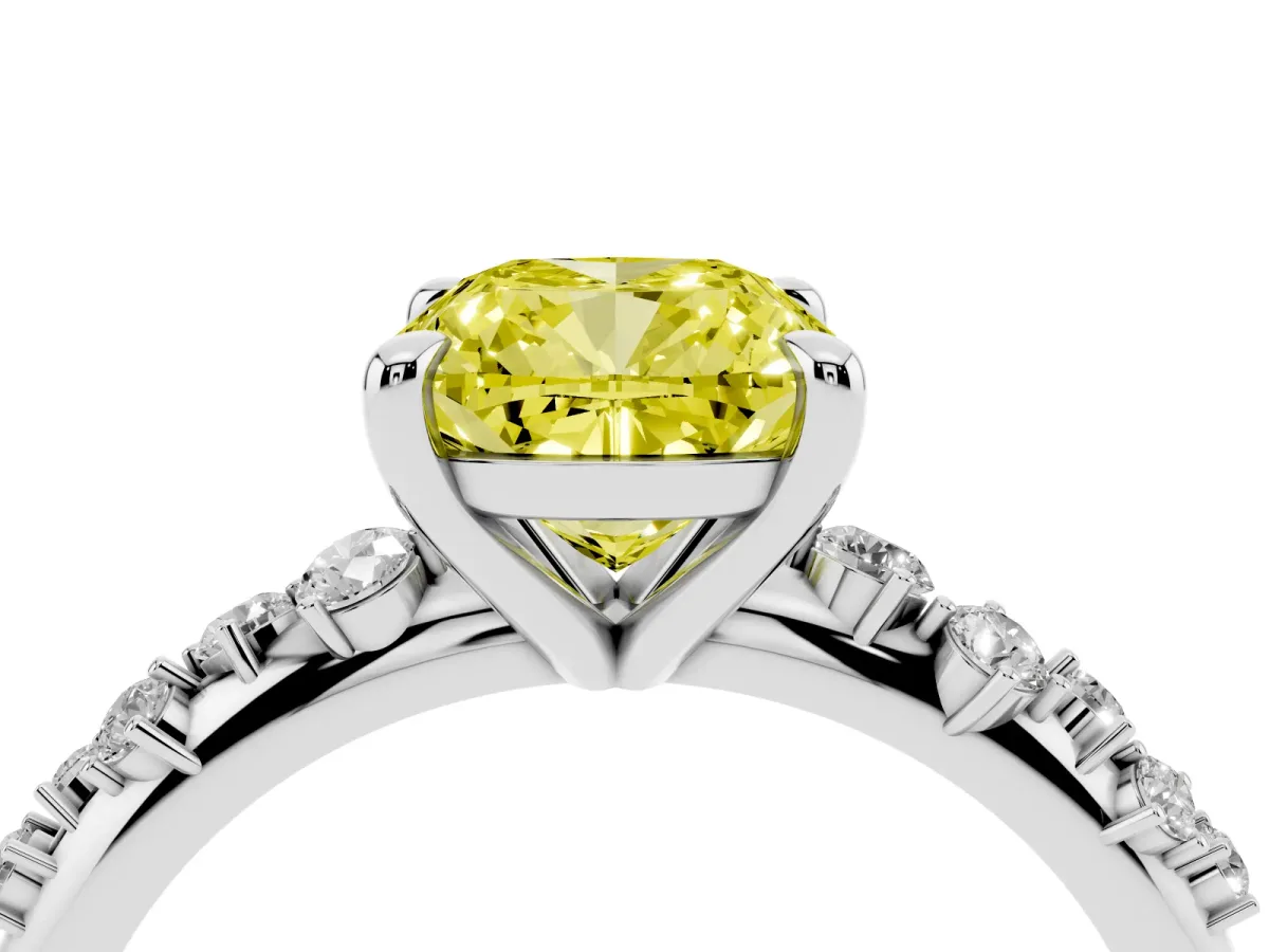 Fancy Yellow Cushion Cut Cut Diamond Vine Band with Four-Prong Setting Platinum