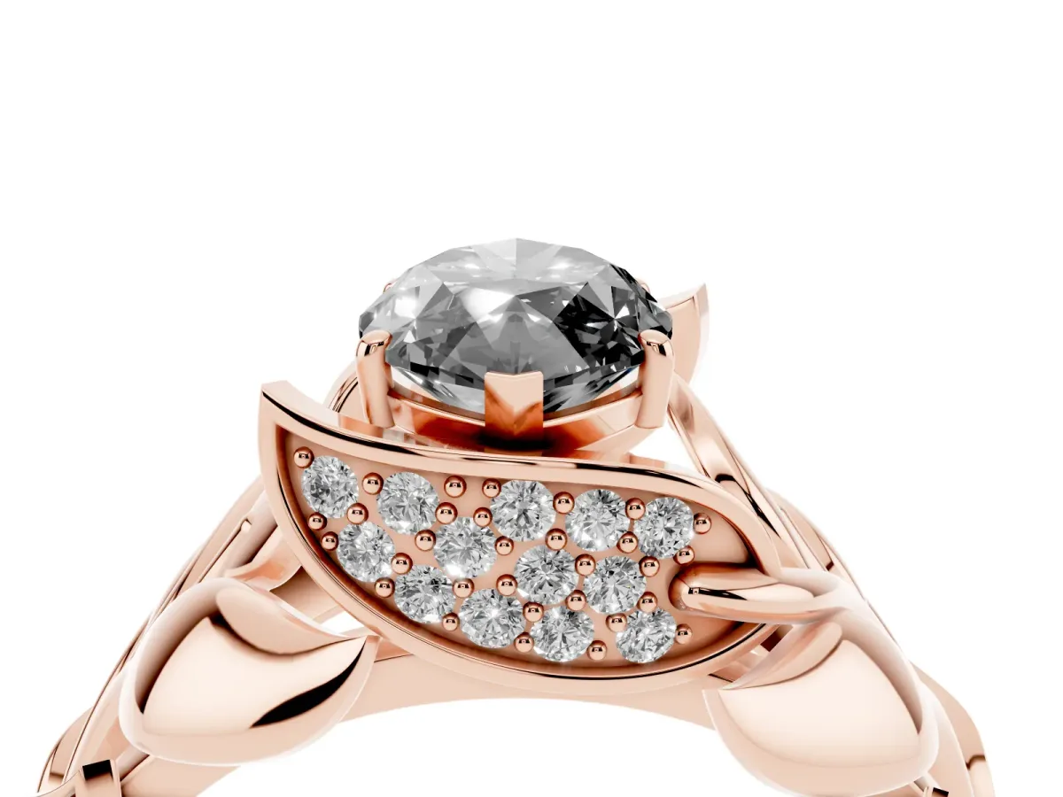 Fancy Black Marquise Cut Diamond Leaf-Inspired Engagement Ring with Round Accents and Prong Setting Rose gold
