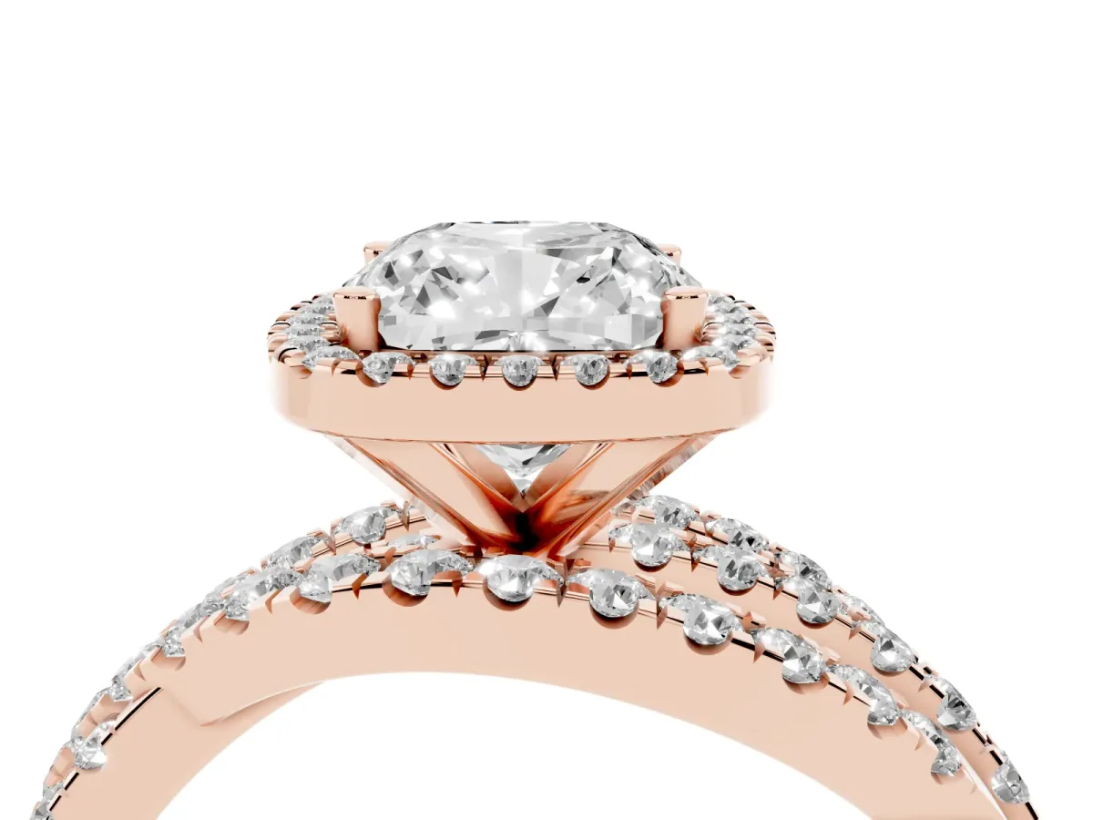 Cushion Cut Diamond Halo Ring with Round Split Shank and Prong Setting Rose gold