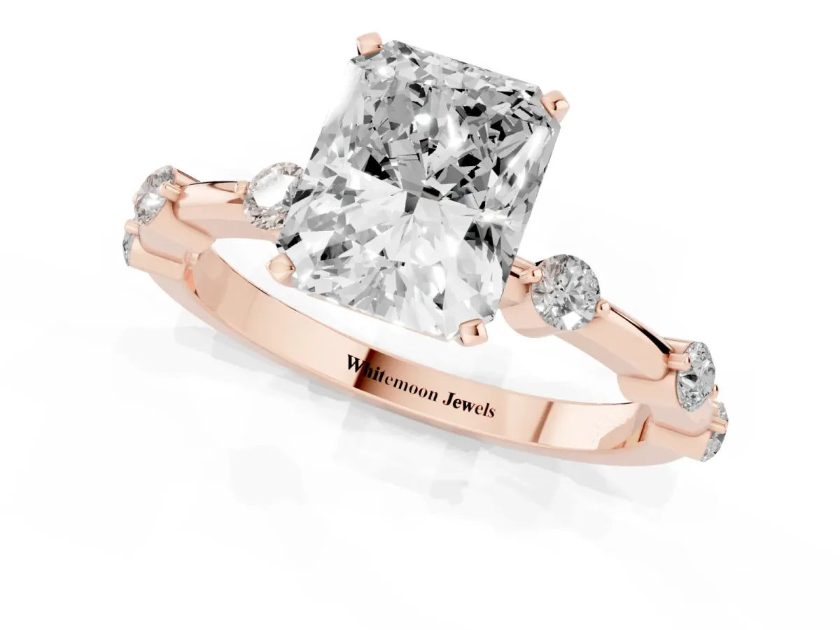 Radiant Cut Solitaire Diamond Ring with Bezel Set Side Stones and Prong Setting Rose gold