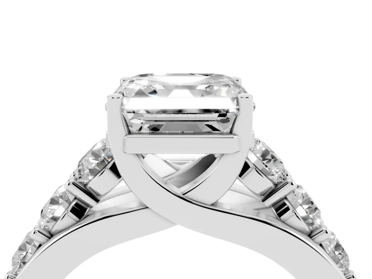 Asscher Cut Diamond Engagement Ring with Pavé Band and Four-Prong Setting Silver