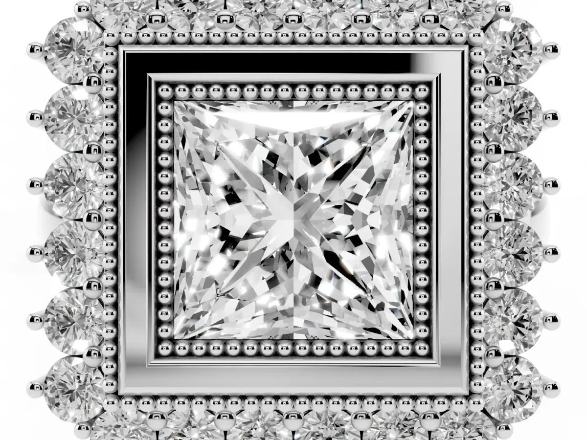 Princess Cut Halo Diamond Ring with Milgrain Edge and Round Prong Setting Silver