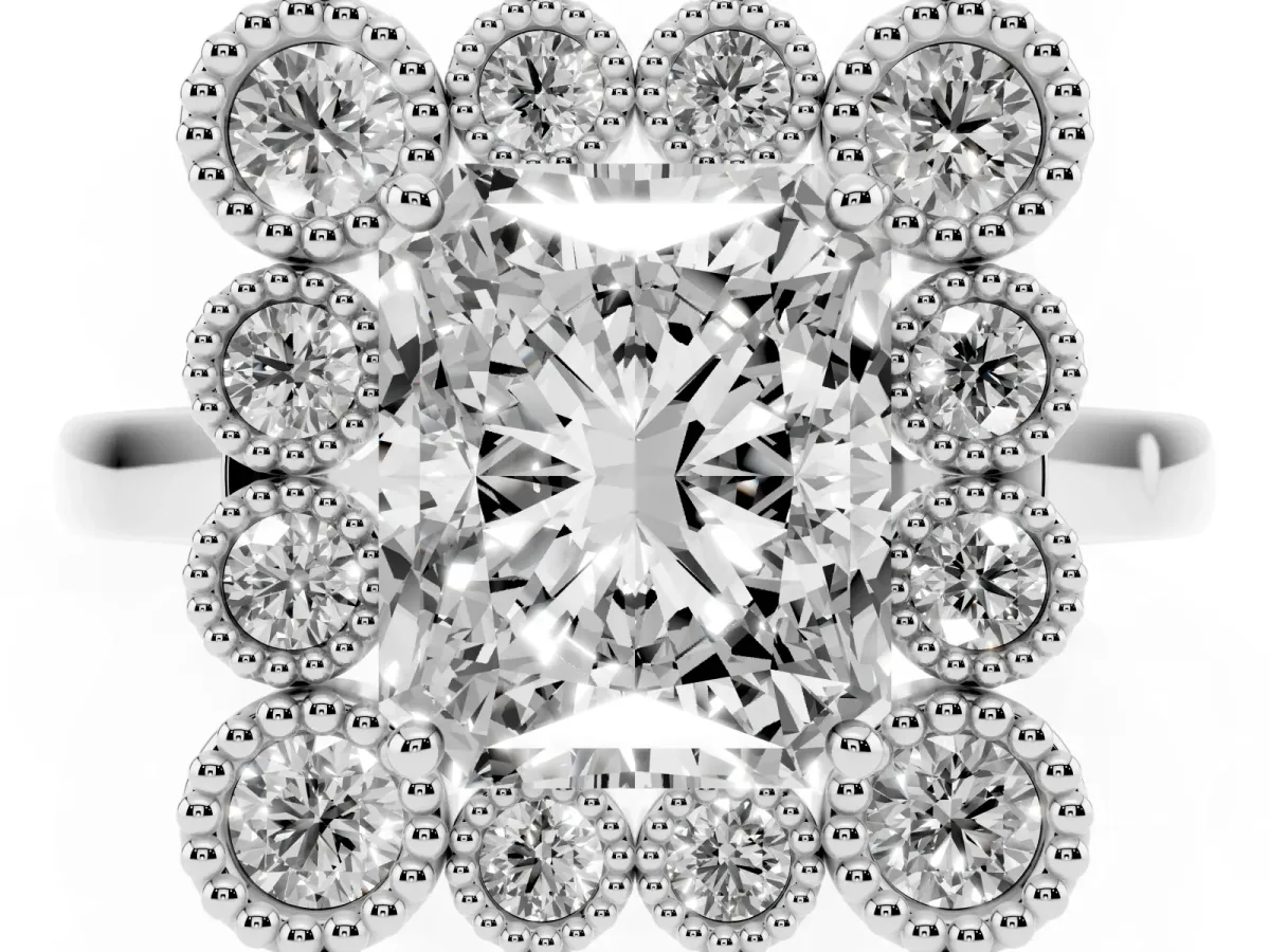 Radiant Cut Halo Diamond Cluster Engagement Ring with Milgrain Bezel Setting and Solitaire Band Silver