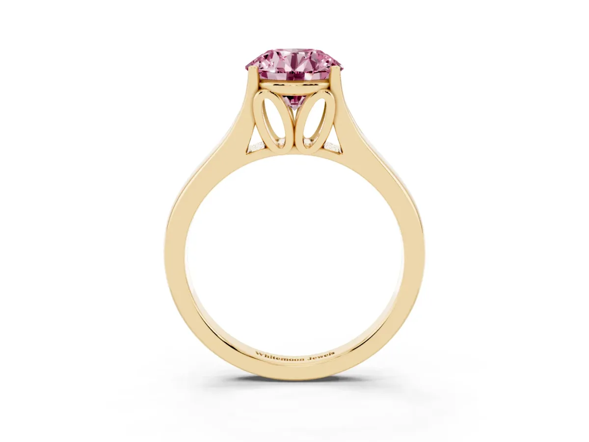 Fancy Pink Round Cut Solitaire Diamond Ring with Cathedral Band and Four-Prong Setting Yellow gold