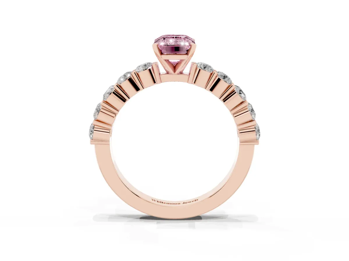 Fancy Pink Emerald Cut Diamond Solitaire Ring with Shared Prong Round Side Stones Rose gold