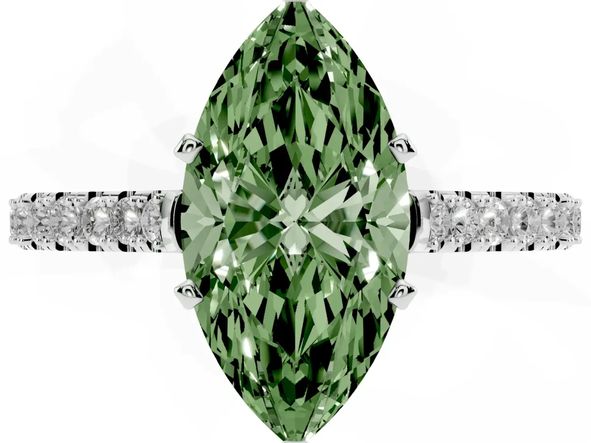 Fancy Green Marquise Cut Cut Solitaire Diamond Engagement Ring with Pave Band and Four-Prong Setting White gold