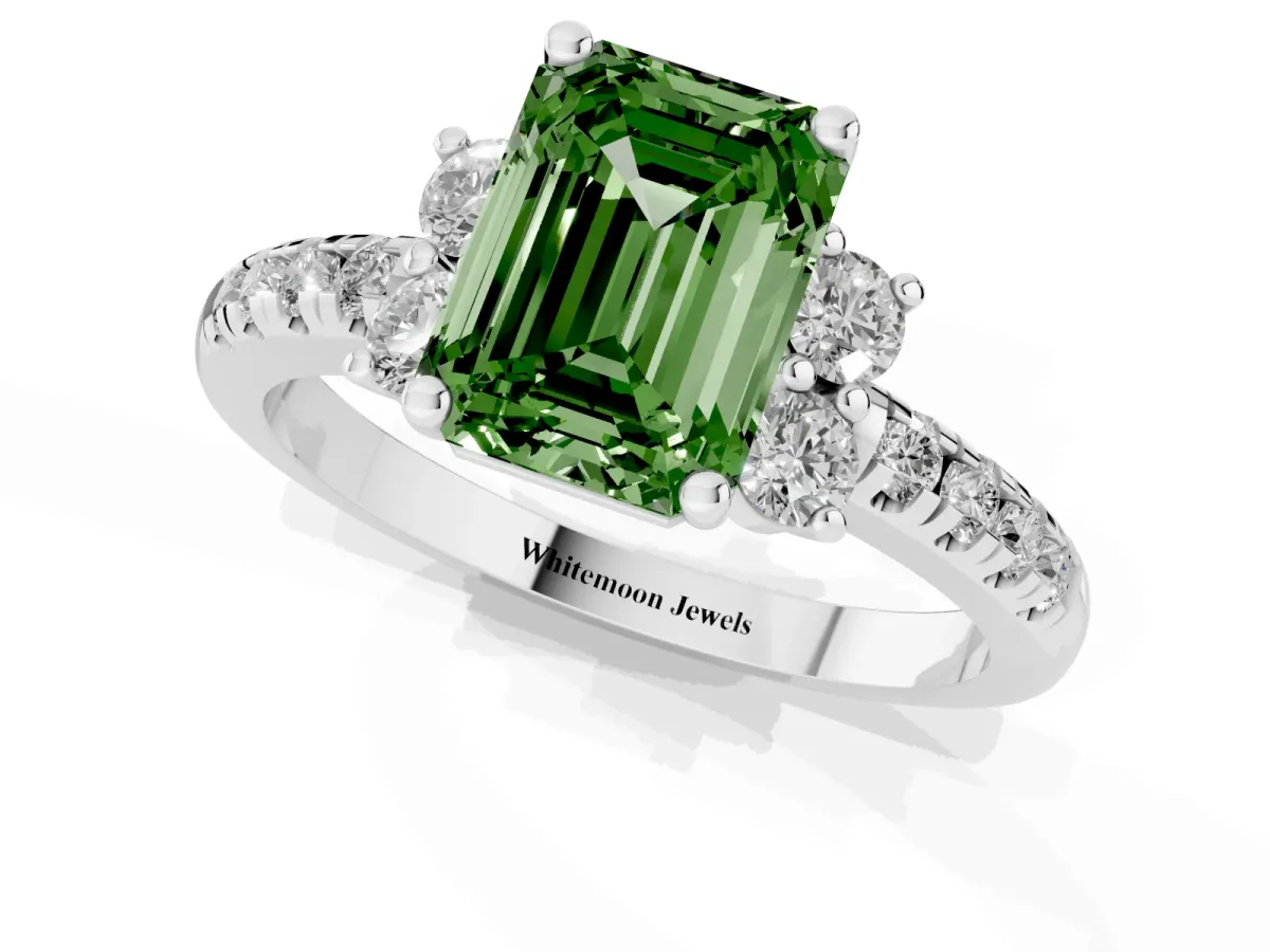 Fancy Green Emerald Cut Diamond Three-Stone Pave Band with Four-Prong Setting Silver