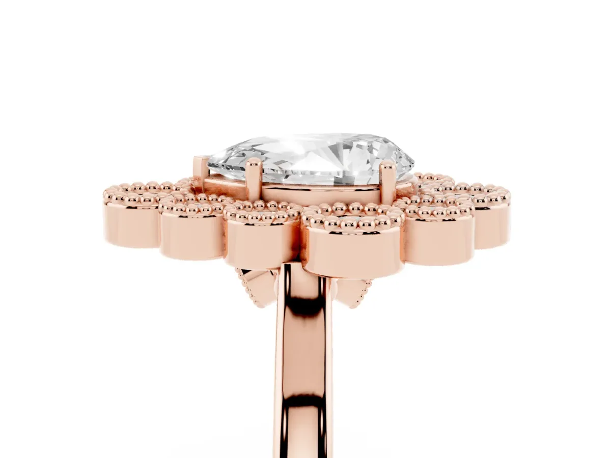 Pear Cut Halo Diamond Cluster Engagement Ring with Milgrain Bezel Setting and Solitaire Band Rose gold