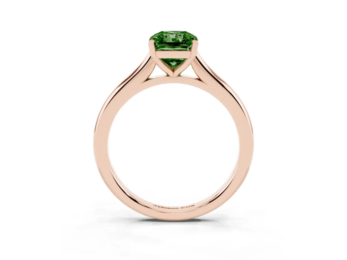 Fancy Green Radiant Cut Cut Solitaire Ring with Cathedral Band and Four-Prong Setting Rose gold