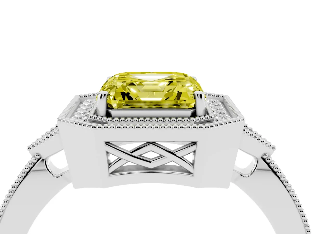 Fancy Yellow Asscher Cut Halo Round Diamond Milgrain Pave Engagement Ring White gold