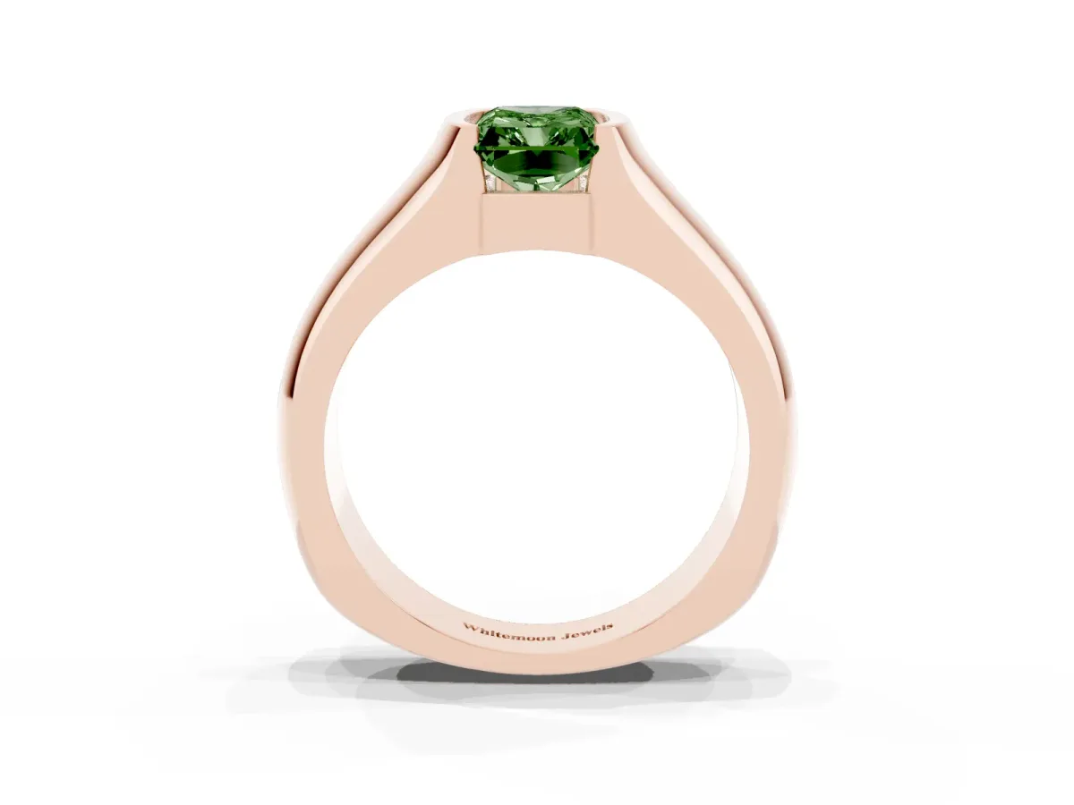 Fancy Green Radiant Cut Solitaire Bezel Set Diamond Ring with Wide Band Rose gold