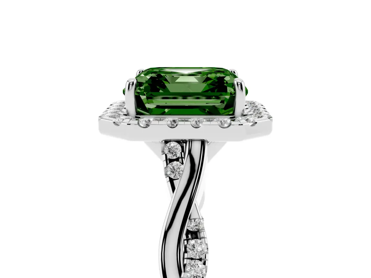Fancy Green Asscher Cut Halo Twist Band Solitaire Ring Silver