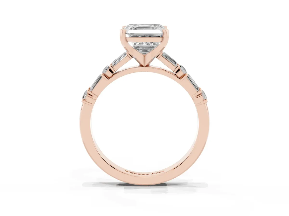 Asscher Cut Diamond Solitaire with Side Baguettes and Channel Set Band Rose gold