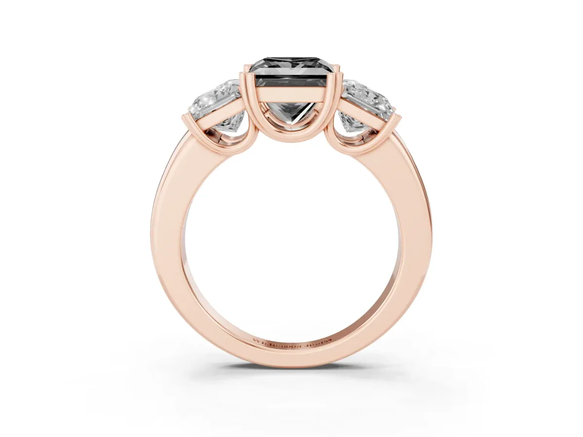 Fancy Black Three-Stone Princess Cut Cut Diamond Ring with Channel Set Band and Four-Prong Setting Rose gold