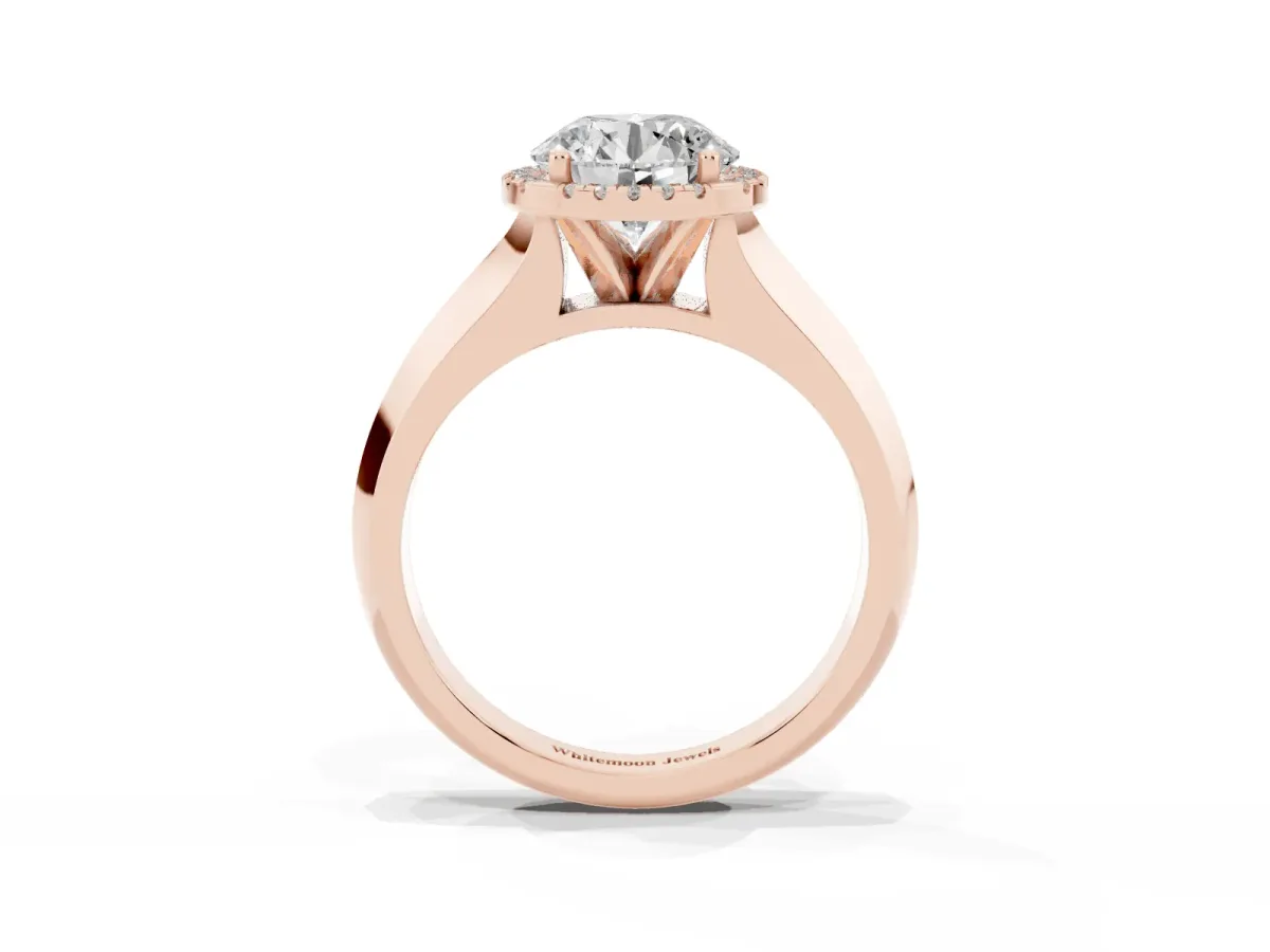 Round Cut Halo Diamond Ring with Cathedral Band and Four-Prong Setting Rose gold