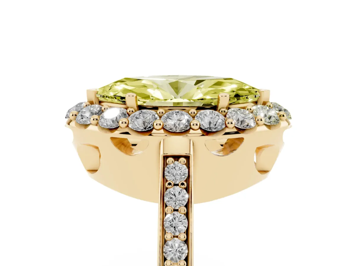 Fancy Yellow Marquise Cut Diamond Floral Halo Ring with Pavé Band and Prong Setting Yellow gold