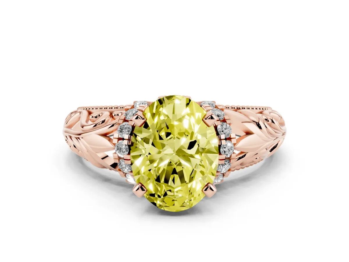 Fancy Yellow Oval Cut Solitaire Filigree Engagement Ring with Halo and Prong Setting Rose gold