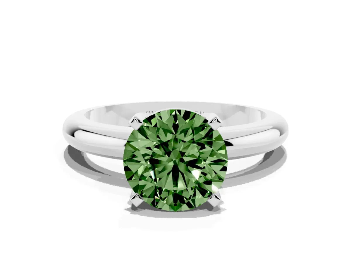 Fancy Green Round Cut Diamond Solitaire Engagement Ring with Round Band and Four-Prong Setting Platinum
