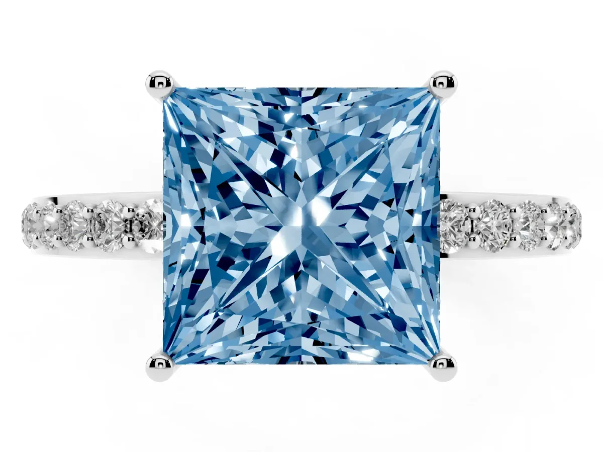 Fancy Blue Princess Cut Diamond Solitaire Ring with Pavé Band and Hidden Halo White gold