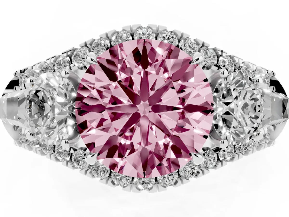 Fancy Pink Three-Stone Round Cut Diamond Engagement Ring with Pave Band and Prong Setting Silver