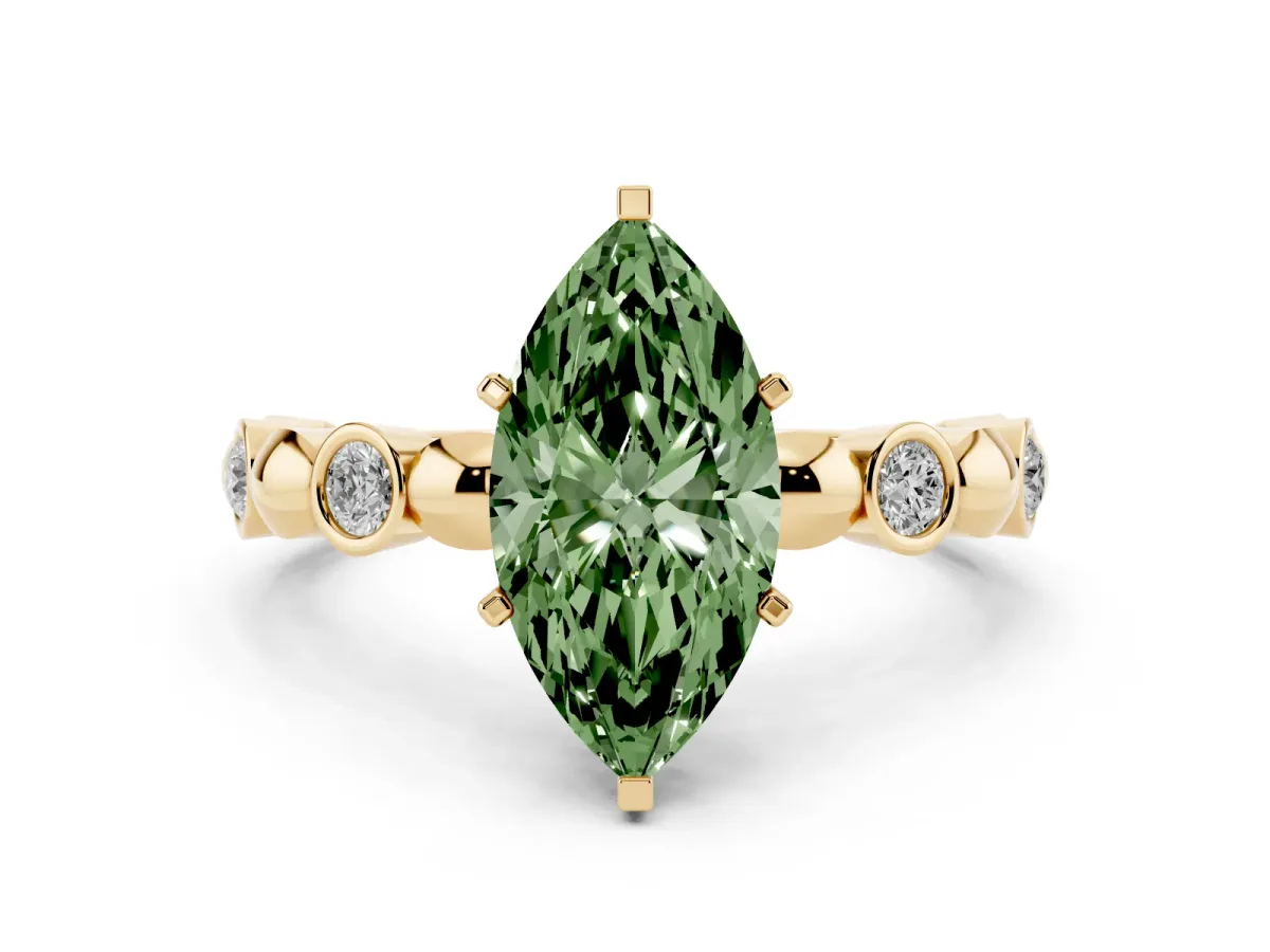Fancy Green Marquise Cut Solitaire Bezel-Set Diamond Ring with Beaded Band and Four-Prong Setting Yellow gold