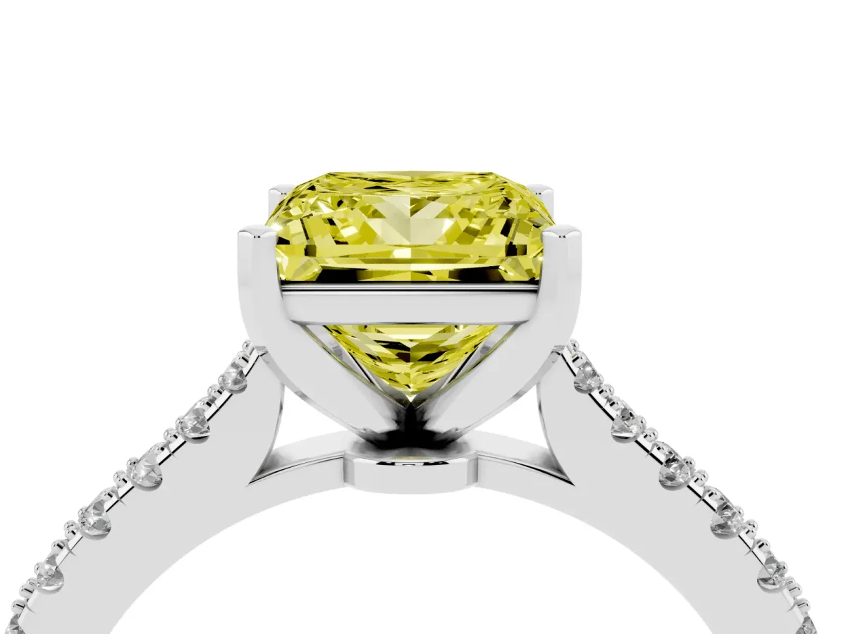 Fancy Yellow Princess Cut Cut Solitaire Diamond Engagement Ring with Pave Band and Four-Prong Setting Silver